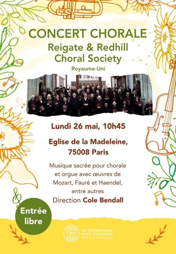 sortie à PARIS 08, Paris. CONCERT DU CHOEUR ANGLAIS : REIGATE & REDHILL CHOR Sortir à PARIS 08(Paris). PARIS 08.