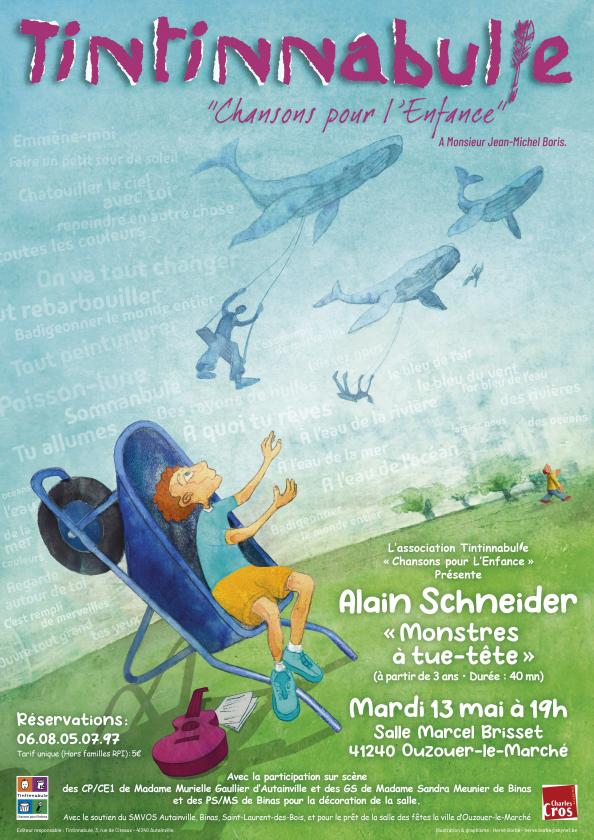 sortie à OUZOUER LE MARCHE, Loir et Cher. CONCERT ALAIN SCHNEIDER "MONSTRES À TUE-TÊTE" Sortir à OUZOUER LE MARCHE(Loir et Cher). OUZOUER LE MARCHE.