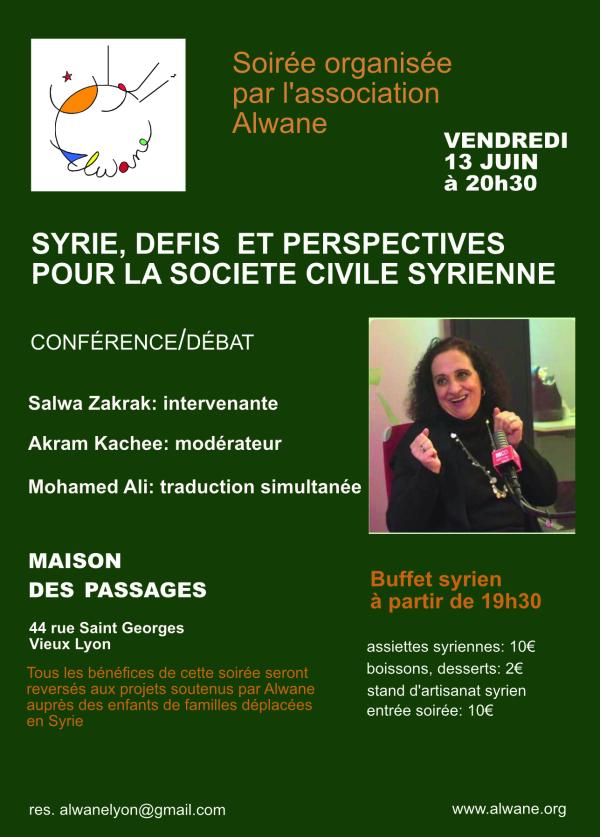 sortie à LYON, Rhône. SYRIE, DÉFIS ET PERSPECTIVES POUR LA SOCIÉTÉ CIVIL Sortir à LYON(Rhône). LYON.