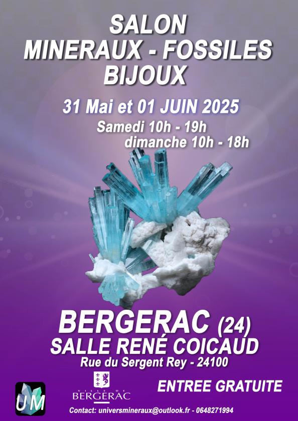 sortie à BERGERAC, Dordogne. SALON MINÉRAUX, FOSSILES, BIJOUX DE CRÉATEUR. Sortir à BERGERAC(Dordogne). BERGERAC.