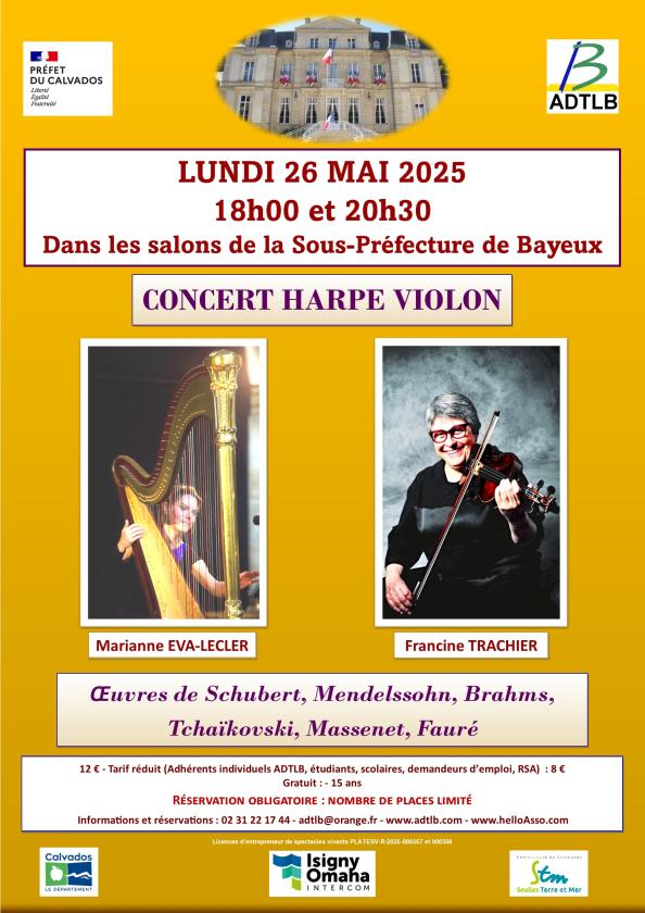 sortie à BAYEUX, Calvados. CONCERT HARPE VIOLON - M. EVA LECLER & F. TRACHIER Sortir à BAYEUX(Calvados). BAYEUX.