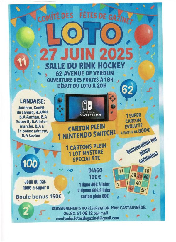 sortie à GAZINET, Gironde. LOTO DE LA FÊTE Sortir à GAZINET(Gironde). GAZINET.