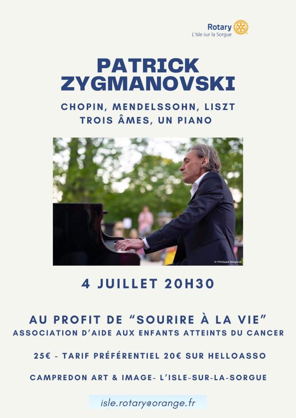 sortie à L ISLE SUR LA SORGUE, Vaucluse. RECITAL DE PIANO PATRICK ZYGMANOVSKI Sortir à L ISLE SUR LA SORGUE(Vaucluse). L ISLE SUR LA SORGUE.