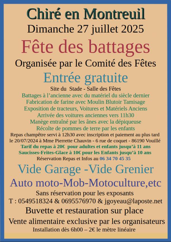sortie à CHIRE EN MONTREUIL, Vienne. VIDE GRENIER - VIDE GARAGE - FÊTES DES BATTAGES Sortir à CHIRE EN MONTREUIL(Vienne). CHIRE EN MONTREUIL.
