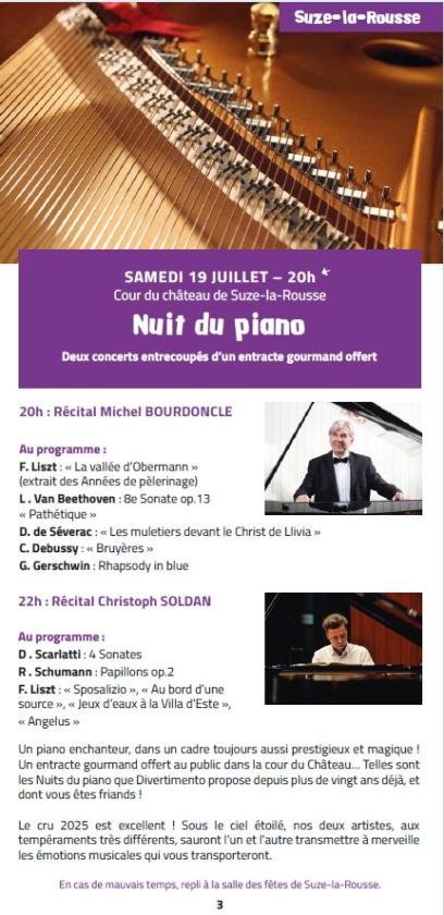 sortie à SUZE LA ROUSSE, Drôme. MUSICALES EN TRICASTIN: " NUIT DU PIANO " Sortir à SUZE LA ROUSSE(Drôme). SUZE LA ROUSSE.
