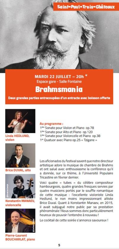 sortie à ST PAUL TROIS CHATEAUX, Drôme. MUSICALES EN TRICASTIN: " BRAHMSMANIA " Sortir à ST PAUL TROIS CHATEAUX(Drôme). ST PAUL TROIS CHATEAUX.