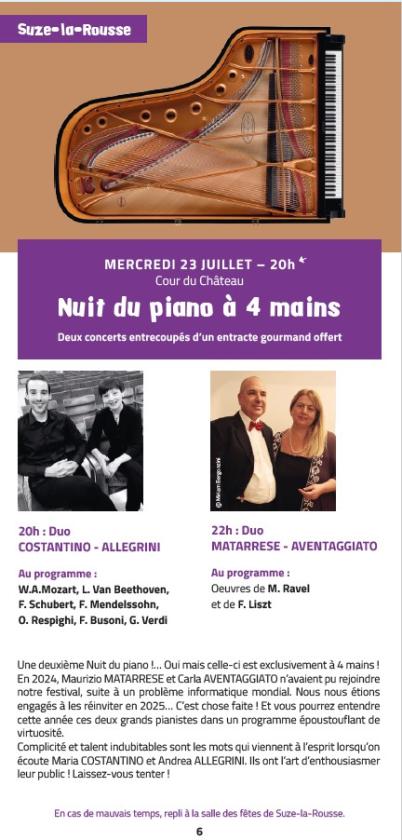 sortie à SUZE LA ROUSSE, Drôme. MUSICALES EN TRICASTIN: " NUIT DU PIANO À 4 MAINS Sortir à SUZE LA ROUSSE(Drôme). SUZE LA ROUSSE.