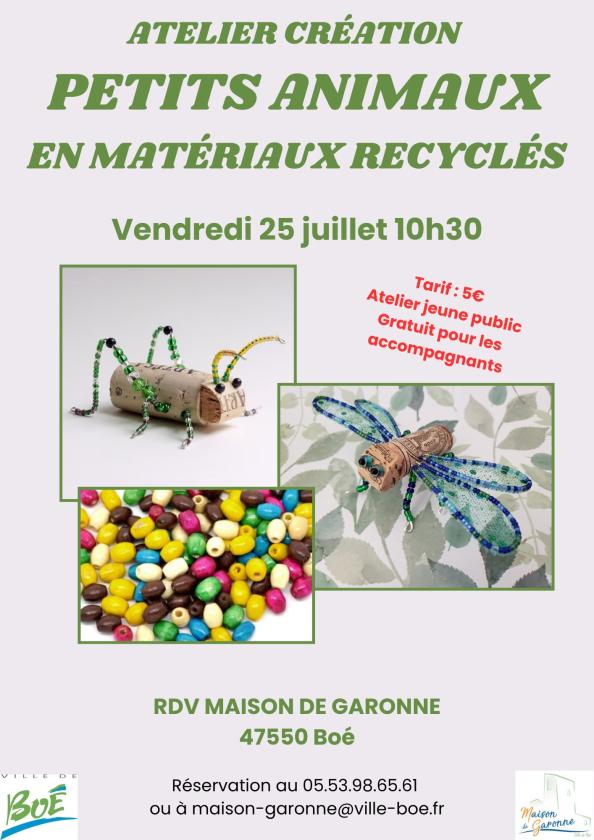 sortie à BOE, Lot et Garonne. ATELIER CRÉATION D'ANIMAUX EN MATÉRIAUX RECYCLÉS Sortir à BOE(Lot et Garonne). BOE.