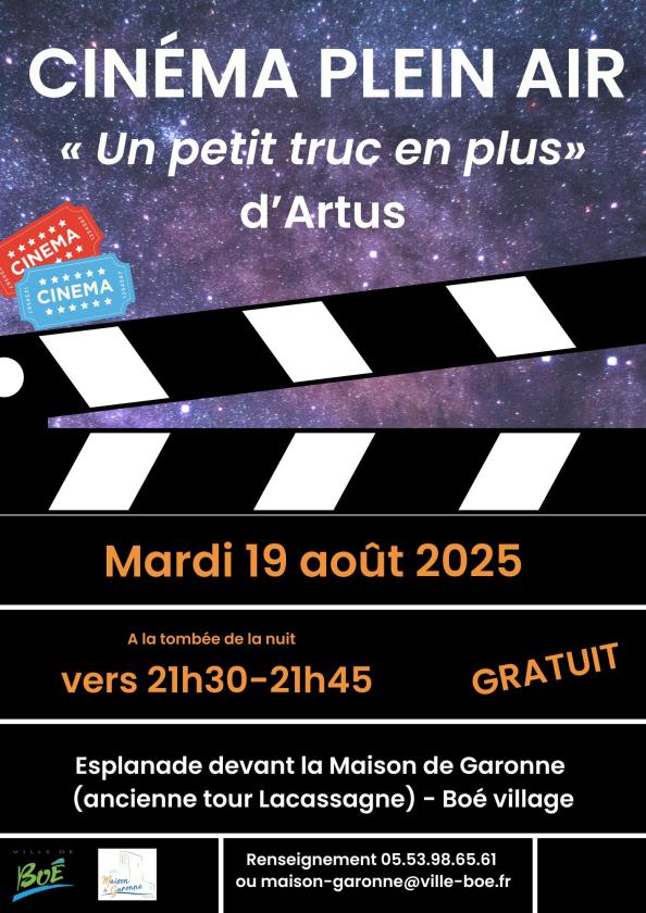 sortie à BOE, Lot et Garonne. SOIRÉE CINÉMA EN PLEIN AIR Sortir à BOE(Lot et Garonne). BOE.