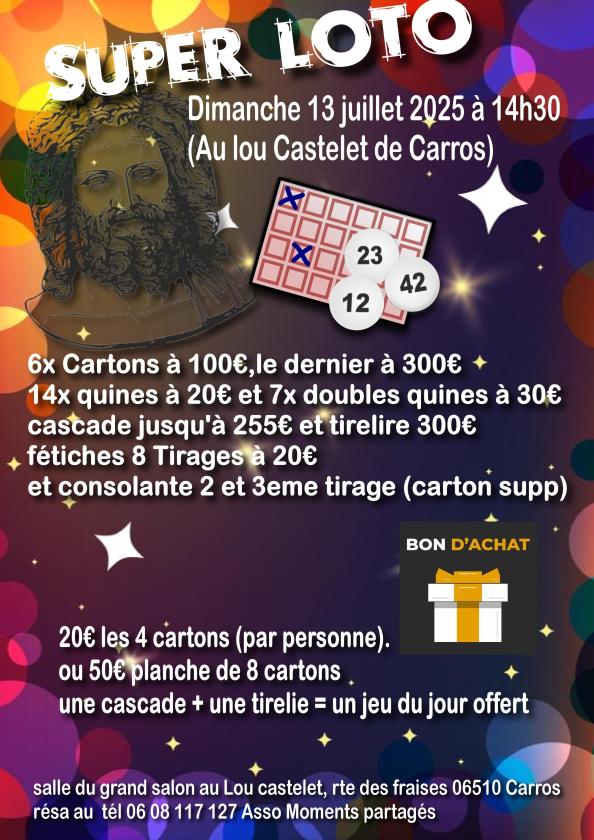 sortie à CARROS, Alpes Maritimes. SUPER LOTO DE CARROS LOU CASTELET Sortir à CARROS(Alpes Maritimes). CARROS.