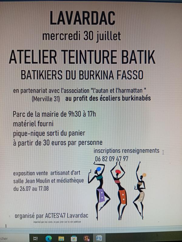 sortie à LAVARDAC, Lot et Garonne. ATELIER TEINTURE BATIK Sortir à LAVARDAC(Lot et Garonne). LAVARDAC.