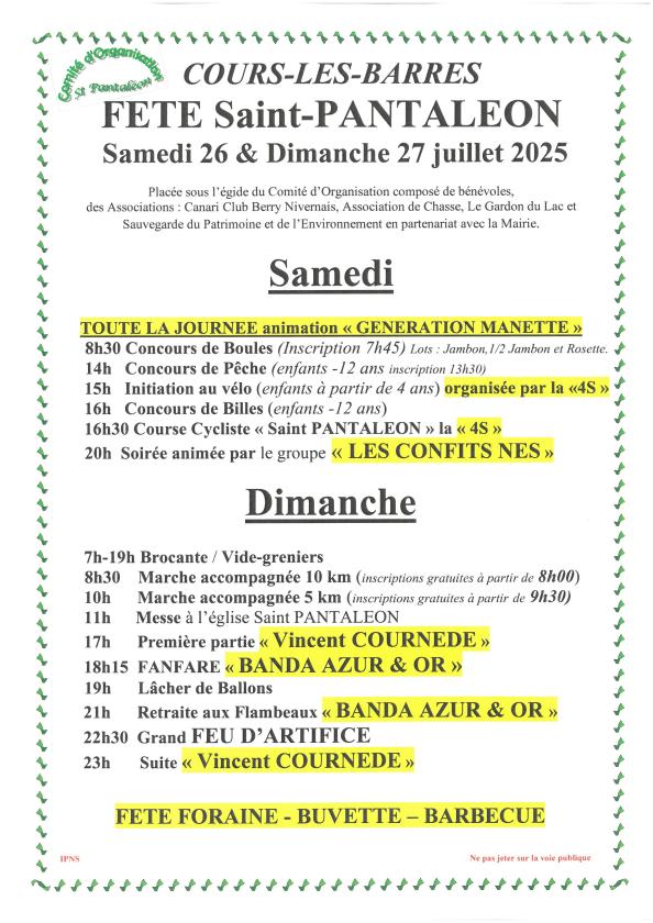 sortie à COURS LES BARRES, Cher. FÊTE PATRONALE SAINT PANTALÉON Sortir à COURS LES BARRES(Cher). COURS LES BARRES.
