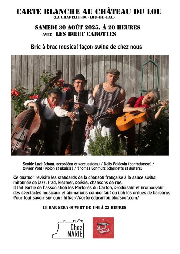 sortie à LA CHAPELLE DU LOU DU LAC, Ille et Vilaine. CONCERT LES BOEUFS CAROTTES Sortir à LA CHAPELLE DU LOU DU LAC(Ille et Vilaine). LA CHAPELLE DU LOU DU LAC.