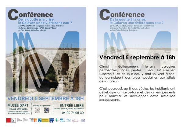 sortie à APT, Vaucluse. CONFÉRENCE : DE LA GOUTTE À LA CRISE, LE CALAVON, Sortir à APT(Vaucluse). APT.