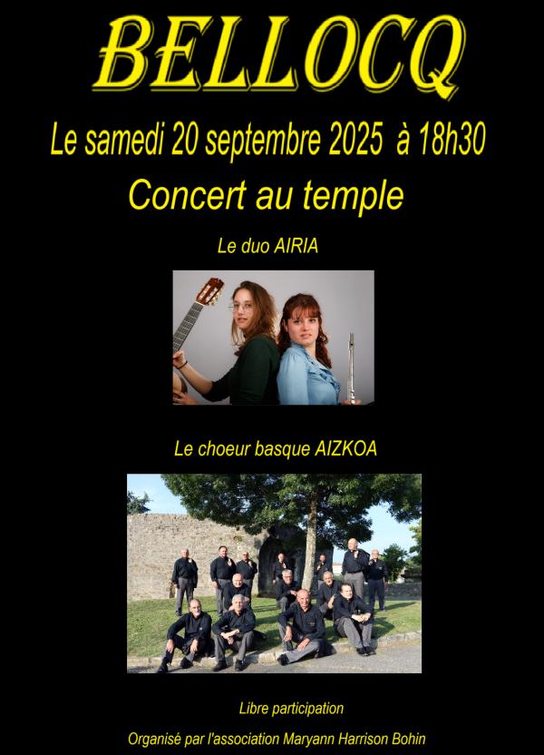 sortie à BELLOCQ, Pyrénées Atlantiques. CONCERT AU TEMPLE DE BELLOCQ FÊTE DU PATRIMOINE Sortir à BELLOCQ(Pyrénées Atlantiques). BELLOCQ.