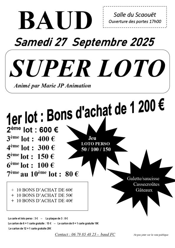 sortie à BAUD, Morbihan. MEGA LOTO Sortir à BAUD(Morbihan). BAUD.