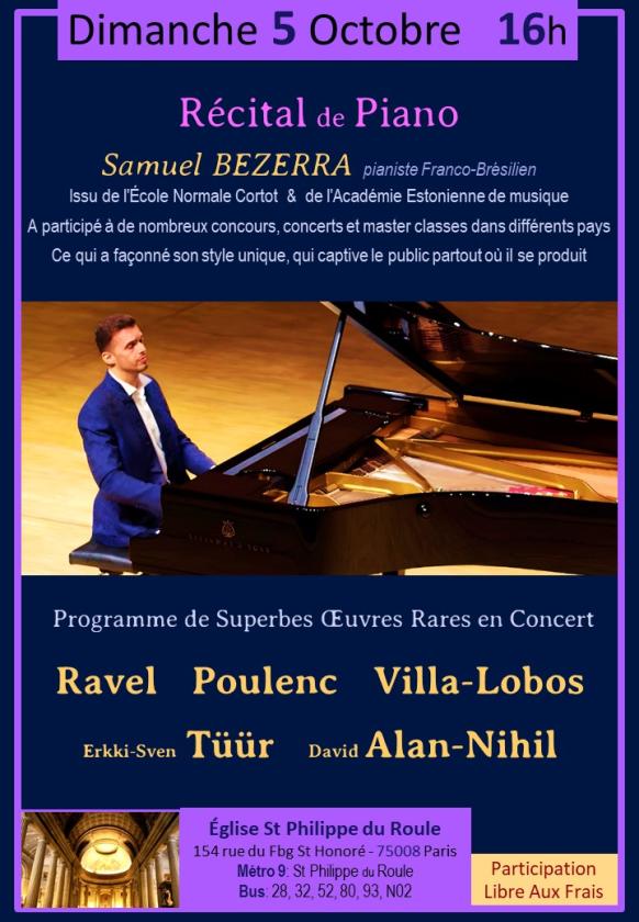 sortie à PARIS 08, Paris. RÉCITAL DE PIANO : RAVEL - POULENC - VILLA-LOBO Sortir à PARIS 08(Paris). PARIS 08.