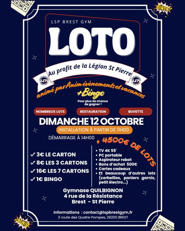 sortie à BREST, Finistère. LOTO ANNUEL DE LA LÉGION ST PIERRE BREST GYM Sortir à BREST(Finistère). BREST.