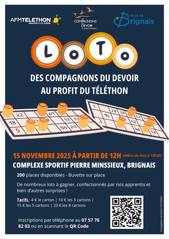 sortie à BRIGNAIS, Rhône. LOTO DES COMPAGNONS DU DEVOIR POUR LE TÉLÉTHON Sortir à BRIGNAIS(Rhône). BRIGNAIS.