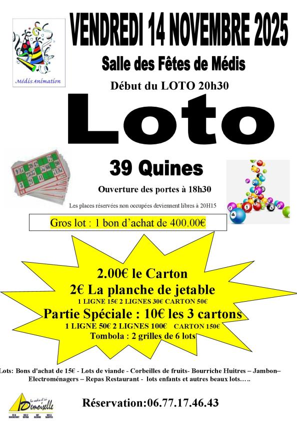 sortie à MEDIS, Charente Maritime. GRAND LOTO À MÉDIS Sortir à MEDIS(Charente Maritime). MEDIS.