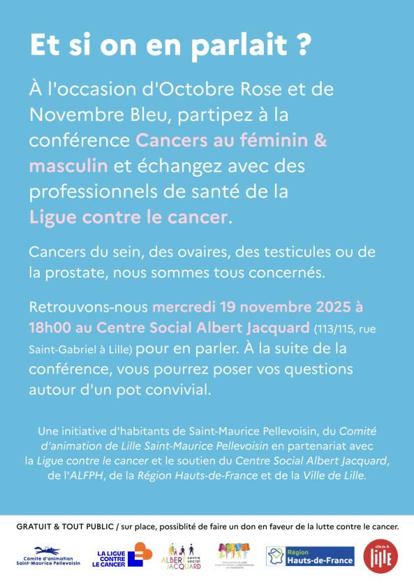 sortie à LILLE, Nord. CANCERS AU FÉMININ&MASCULIN – ET SI ON EN PARLAIT Sortir à LILLE(Nord). LILLE.