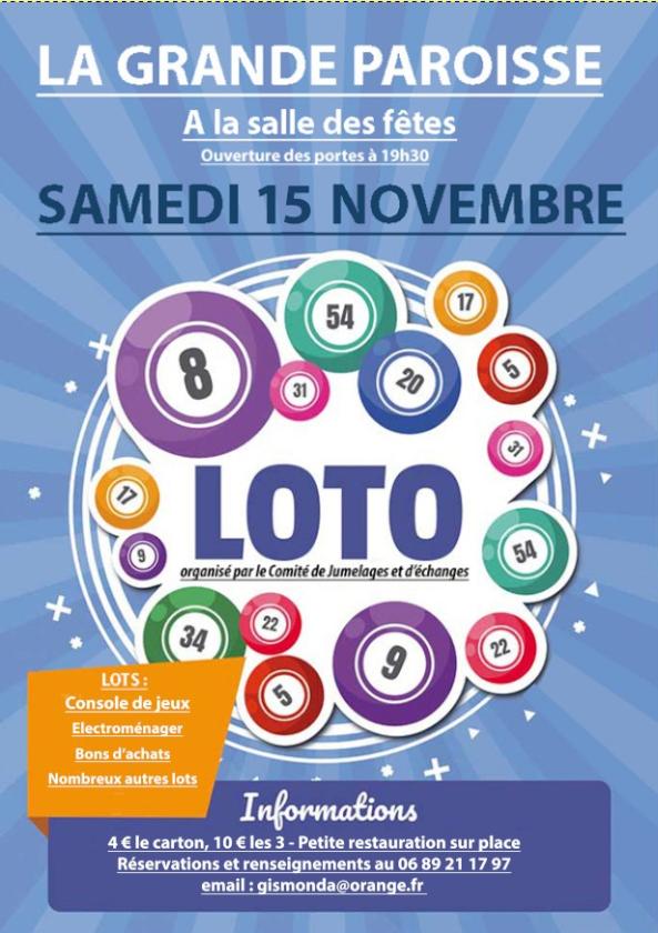 sortie à LA GRANDE PAROISSE, Seine et Marne. LOTO DU COMITE DE JUMELAGES Sortir à LA GRANDE PAROISSE(Seine et Marne). LA GRANDE PAROISSE.