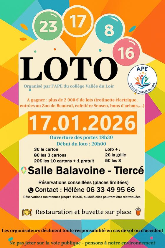 sortie à TIERCE, Maine et Loire. LOTO COLLEGE VALLEE DU LOIR Sortir à TIERCE(Maine et Loire). TIERCE.