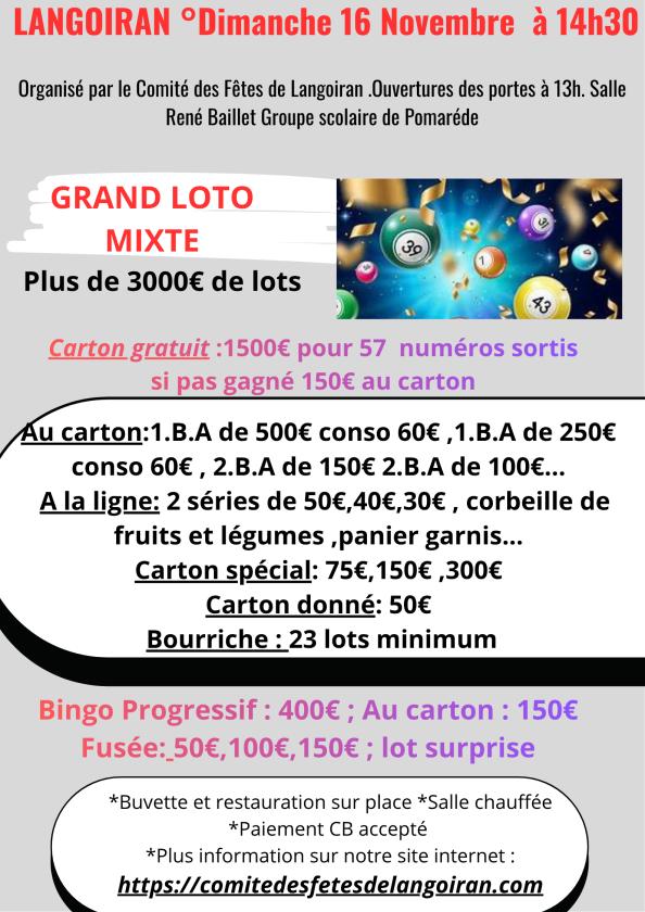 sortie à LANGOIRAN, Gironde. GRAND LOTO TRADITIONNEL 46 LOTS +JEUX Sortir à LANGOIRAN(Gironde). LANGOIRAN.