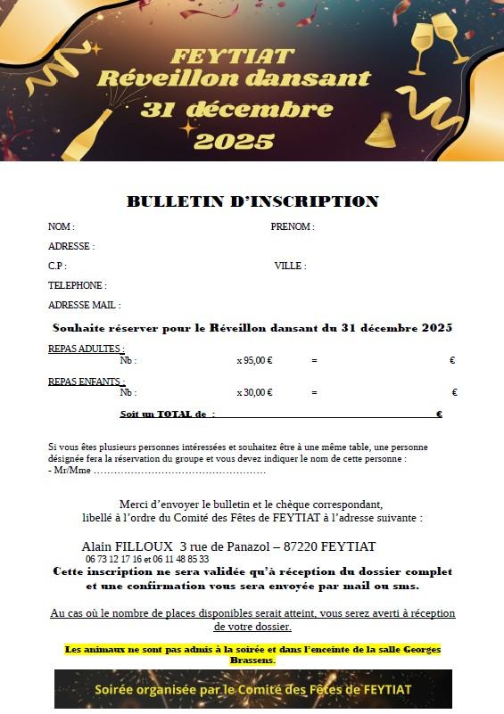 sortie à FEYTIAT, Haute Vienne. RÉVEILLON DE LA SAINT SYLVESTRE Sortir à FEYTIAT(Haute Vienne). FEYTIAT.