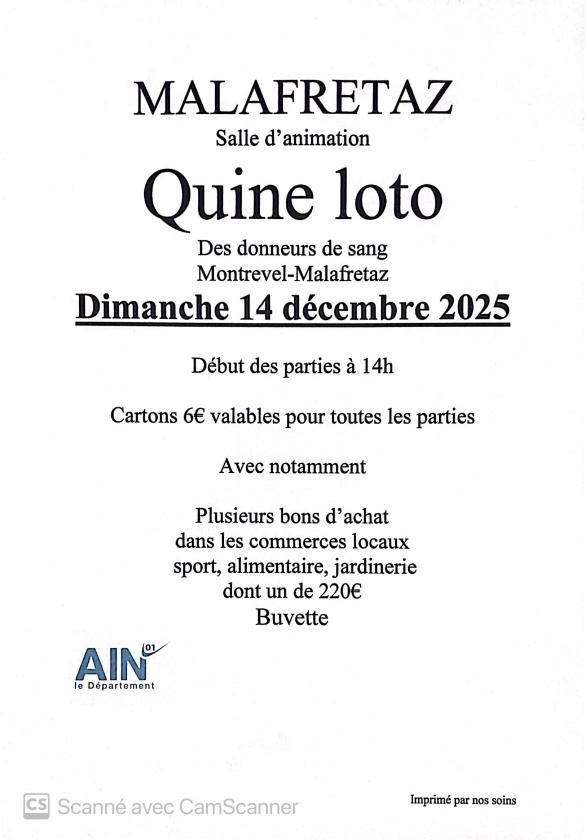sortie à MALAFRETAZ, Ain. QUINE LOTO DE L'AMICALE DES DONNEURS DE SANG Sortir à MALAFRETAZ(Ain). MALAFRETAZ.