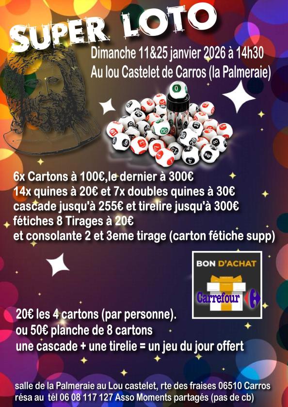 sortie à CARROS, Alpes Maritimes. SUPER LOTO AU LOU CASTELET DE CARROS Sortir à CARROS(Alpes Maritimes). CARROS.