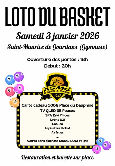 sortie à ST MAURICE DE GOURDANS, Ain. LOTO DU BASKET Sortir à ST MAURICE DE GOURDANS(Ain). ST MAURICE DE GOURDANS.