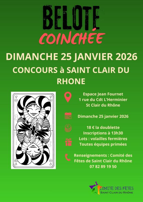 sortie à ST CLAIR DU RHONE, Isère. CONCOURS DE BELOTE COINCHÉE Sortir à ST CLAIR DU RHONE(Isère). ST CLAIR DU RHONE.