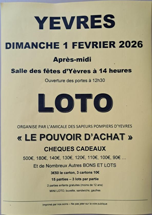 sortie à YEVRES, Eure et Loir. LOTO SAPEURS-POMPIERS YÈVRES Sortir à YEVRES(Eure et Loir). YEVRES.