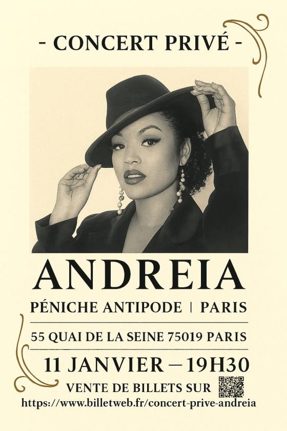 sortie à PARIS, Paris. CONCERT PRIVÉ ANDREIA A LA PÉNICHE ANTIPODE Sortir à PARIS(Paris). PARIS.