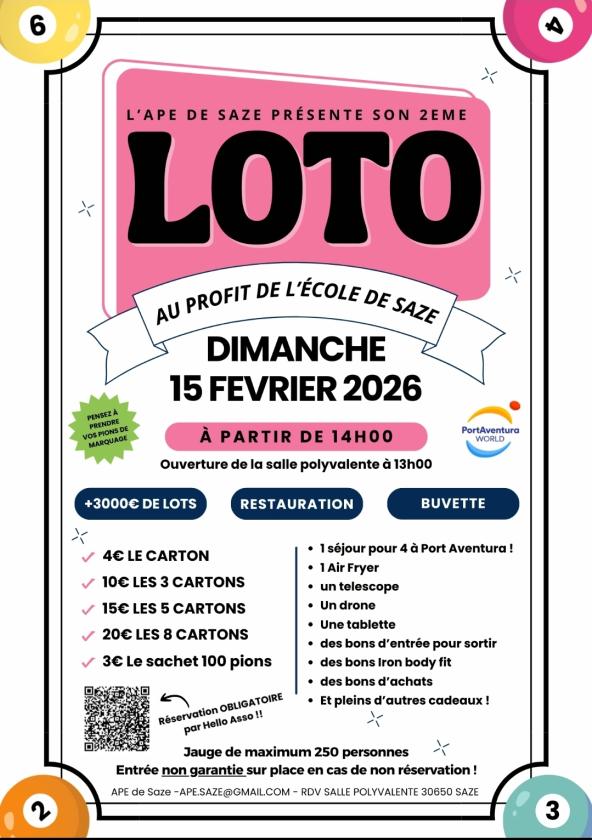 sortie à SAZE, Gard. LOTO ANNUEL APE DE L'ECOLE DE SAZE Sortir à SAZE(Gard). SAZE.