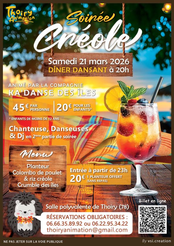 sortie à THOIRY, Yvelines. SOIRÉE CRÉOLE À THOIRY (78), LE 21 MARD 2026 Sortir à THOIRY(Yvelines). THOIRY.