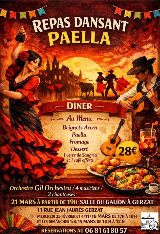 sortie à GERZAT, Puy de Dôme. REPAS DANSANT PAËLLA Sortir à GERZAT(Puy de Dôme). GERZAT.