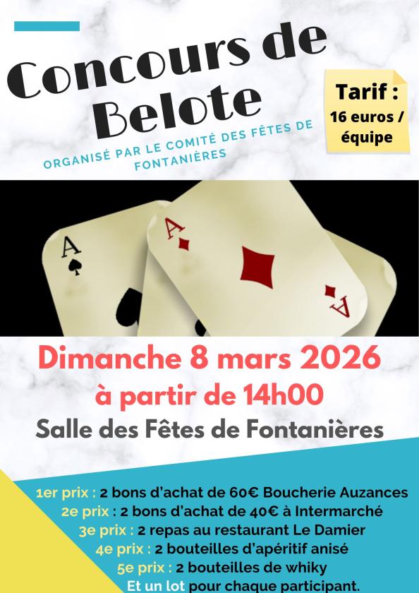 sortie à FONTANIERES, Creuse. CONCOURS DE BELOTE Sortir à FONTANIERES(Creuse). FONTANIERES.