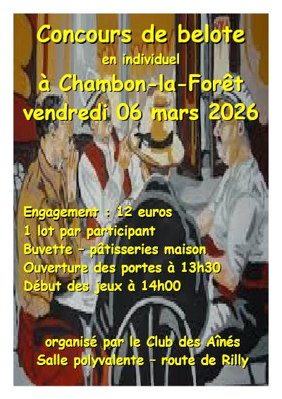 sortie à CHAMBON LA FORET, Loiret. CONCOURS DE BELOTE EN INDIVIDUEL Sortir à CHAMBON LA FORET(Loiret). CHAMBON LA FORET.