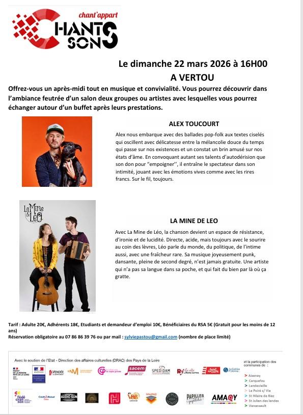 sortie à VERTOU, Loire Atlantique. CONCERT CHANT'APPART Sortir à VERTOU(Loire Atlantique). VERTOU.