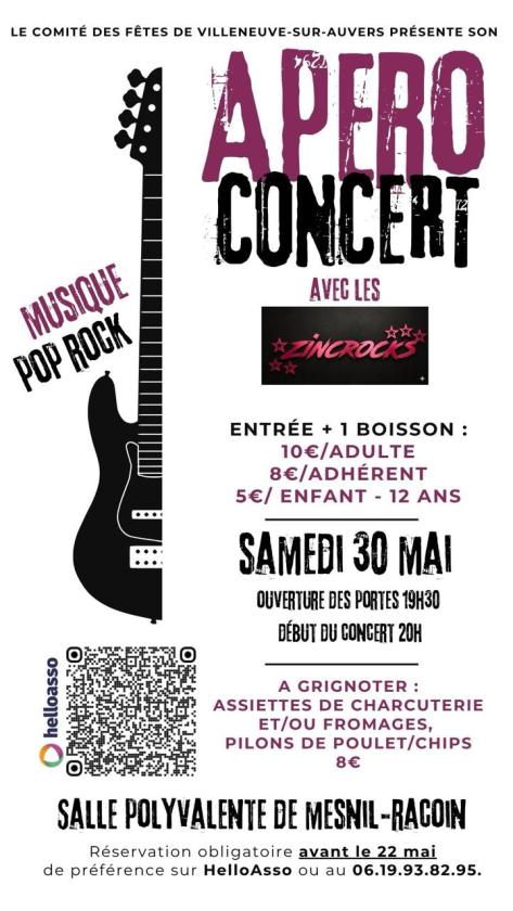 sortie à VILLENEUVE SUR AUVERS, Essonne. APERO CONCERT AVEC LE GROUPE ZINCROCKS Sortir à VILLENEUVE SUR AUVERS(Essonne). VILLENEUVE SUR AUVERS.