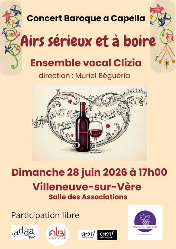sortie à VILLENEUVE SUR VERE, Tarn. CONCERT BAROQUE A CAPELLA : AIRS SÉRIEUX ET À BOIR Sortir à VILLENEUVE SUR VERE(Tarn). VILLENEUVE SUR VERE.