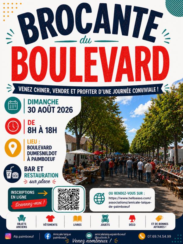 sortie à PAIMBOEUF, Loire Atlantique. BROCANTE DU BOULEVARD - EDITION 2026 Sortir à PAIMBOEUF(Loire Atlantique). PAIMBOEUF.