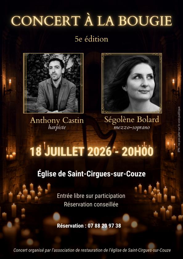 sortie à ST CIRGUES SUR COUZE, Puy de Dôme. CONCERT À LA BOUGIE - MEZZO SOPANO ET HARPE Sortir à ST CIRGUES SUR COUZE(Puy de Dôme). ST CIRGUES SUR COUZE.