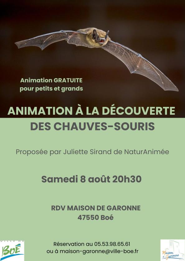 sortie à BOE, Lot et Garonne. MAISON DE GARONNE : DÉCOUVERTE DES CHAUVES-SOURIS Sortir à BOE(Lot et Garonne). BOE.