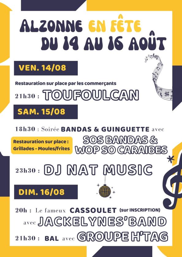 sortie à ALZONNE, Aude. ALZONNE EN FÊTE – DU 14 AU 16 AOÛT 2026 Sortir à ALZONNE(Aude). ALZONNE.