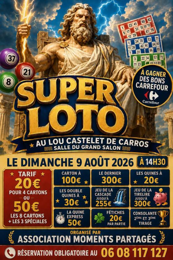 sortie à CARROS, Alpes Maritimes. SUPER LOTO AU LOU CASTELET DE CARROS Sortir à CARROS(Alpes Maritimes). CARROS.