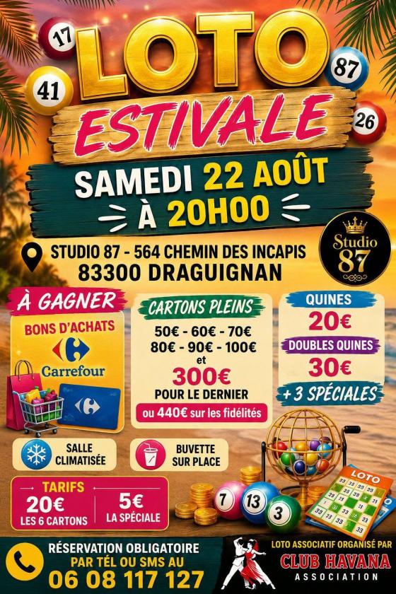 sortie à DRAGUIGNAN, Var. SUPER LOTO ESTIVAL DRAGUIGNAN AU STUDIO 87 Sortir à DRAGUIGNAN(Var). DRAGUIGNAN.