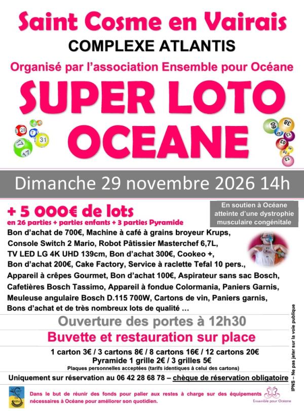 sortie à ST COSME EN VAIRAIS, Sarthe. SUPER LOTO EN SOUTIEN À OCÉANE Sortir à ST COSME EN VAIRAIS(Sarthe). ST COSME EN VAIRAIS.